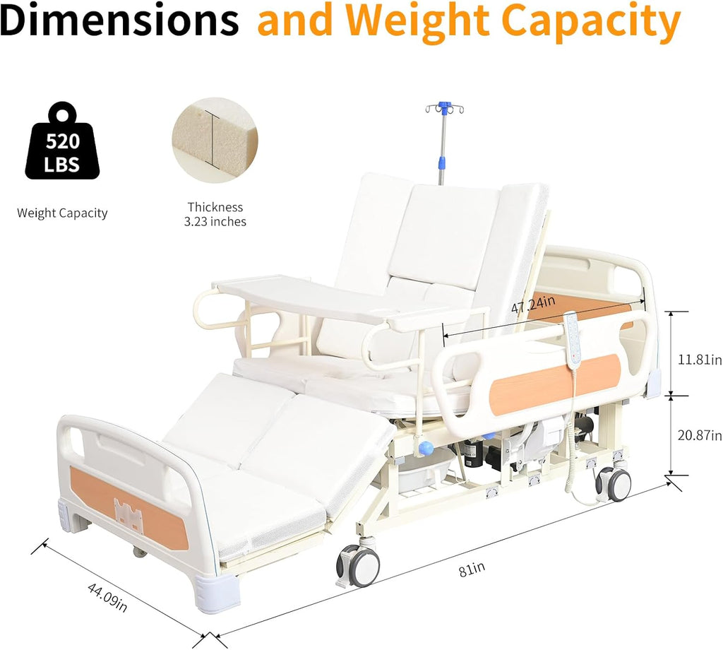 Electric Hospital Bed for Home Use with Auto Side Tilt, Adjustable Medical Bed with Remote Control, Pressure Relief Mattress, IV Pole, Lockable Wheels, 550 lbs Capacity for Elderly Patient Care