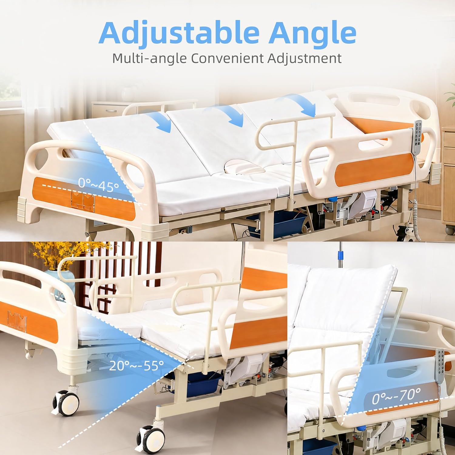 Upgrade 5 Function Full Electric Hospital Bed, Medical Bed with Lateral Tilting for Home Use, Adjustable Hospital Bed with Mattress, Locking Casters, IV Pole