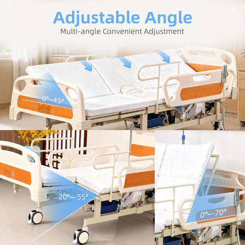 Upgrade 5 Function Full Electric Hospital Bed, Medical Bed with Lateral Tilting for Home Use, Adjustable Hospital Bed with Mattress, Locking Casters, IV Pole