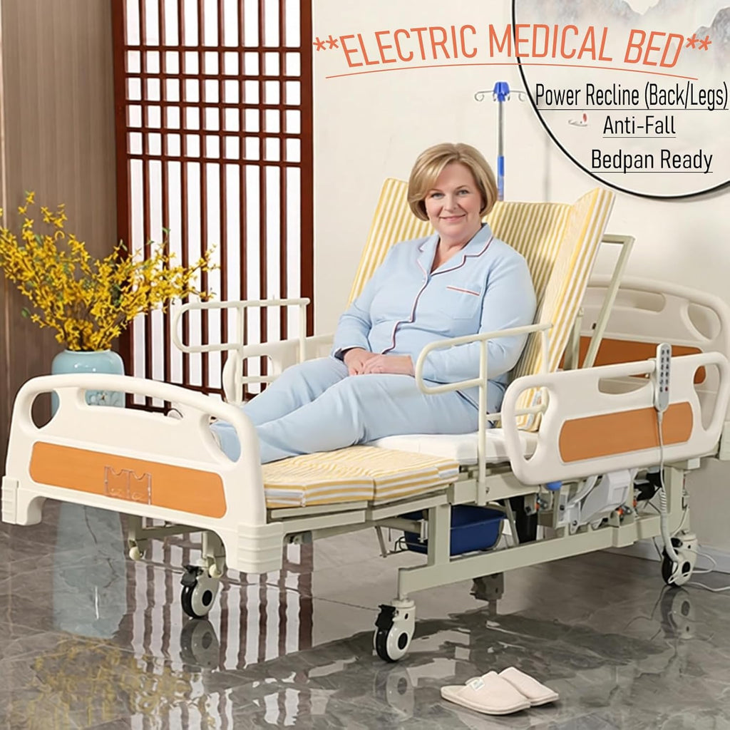 Full Electric Hospital Bed for Home Use – 550 lbs Weight Capacity, Electric Bedpan, Anti-Slip Rails | Remote Control Adjustable Backrest & Legrest for Elderly, Patient Care & Rehabilitation
