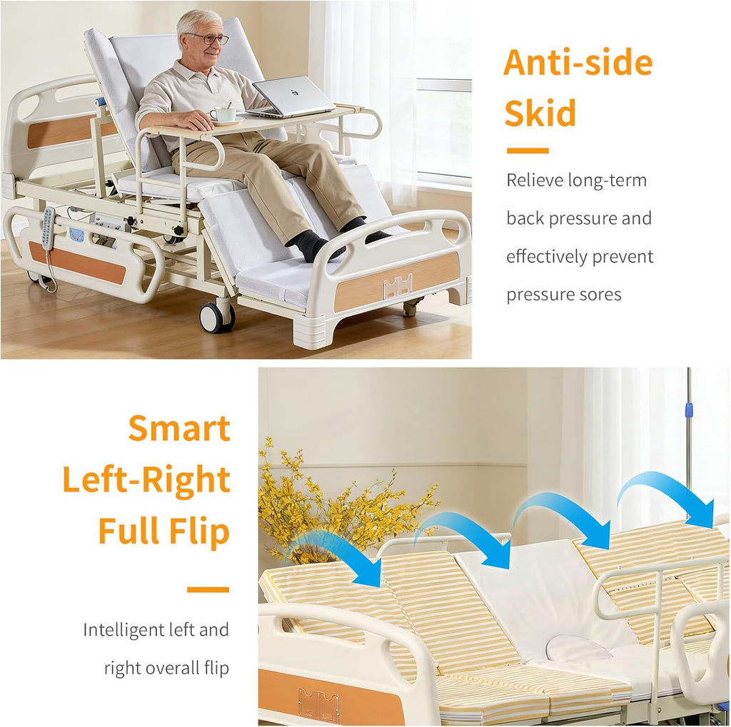 Electric Hospital Bed for Home Use with Auto Side Tilt, Adjustable Medical Bed with Remote Control, Pressure Relief Mattress, IV Pole, Lockable Wheels, 550 lbs Capacity for Elderly Patient Care