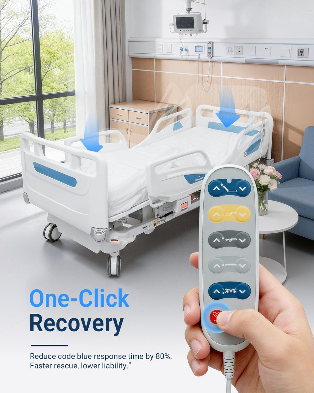 Timotion 5-Function Electric Hospital Bed with CPR Emergency Release, German DEWERT Motor, 250kg Weight Capacity, Adjustable Home Care Bed for Elderly Patients