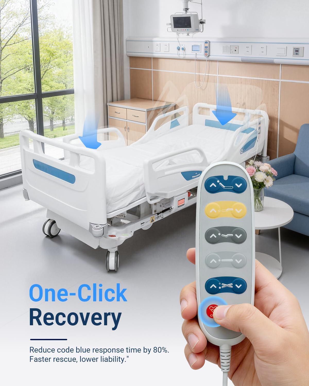 Timotion 5-Function Electric Hospital Bed with CPR Emergency Release, German DEWERT Motor, 250kg Weight Capacity, Adjustable Home Care Bed for Elderly Patients