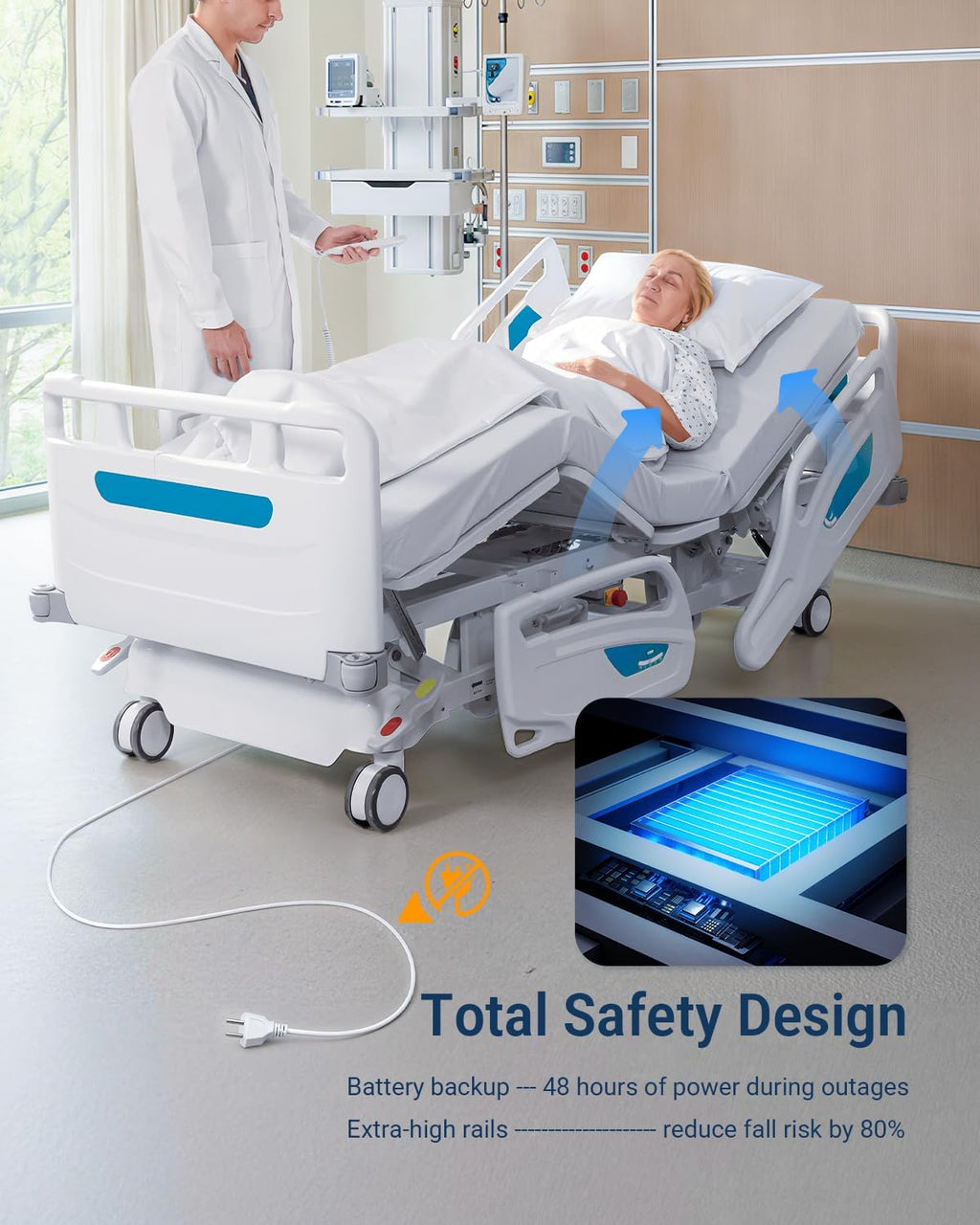 Timotion 5-Function Electric Hospital Bed with CPR Emergency Release, German DEWERT Motor, 250kg Weight Capacity, Adjustable Home Care Bed for Elderly Patients