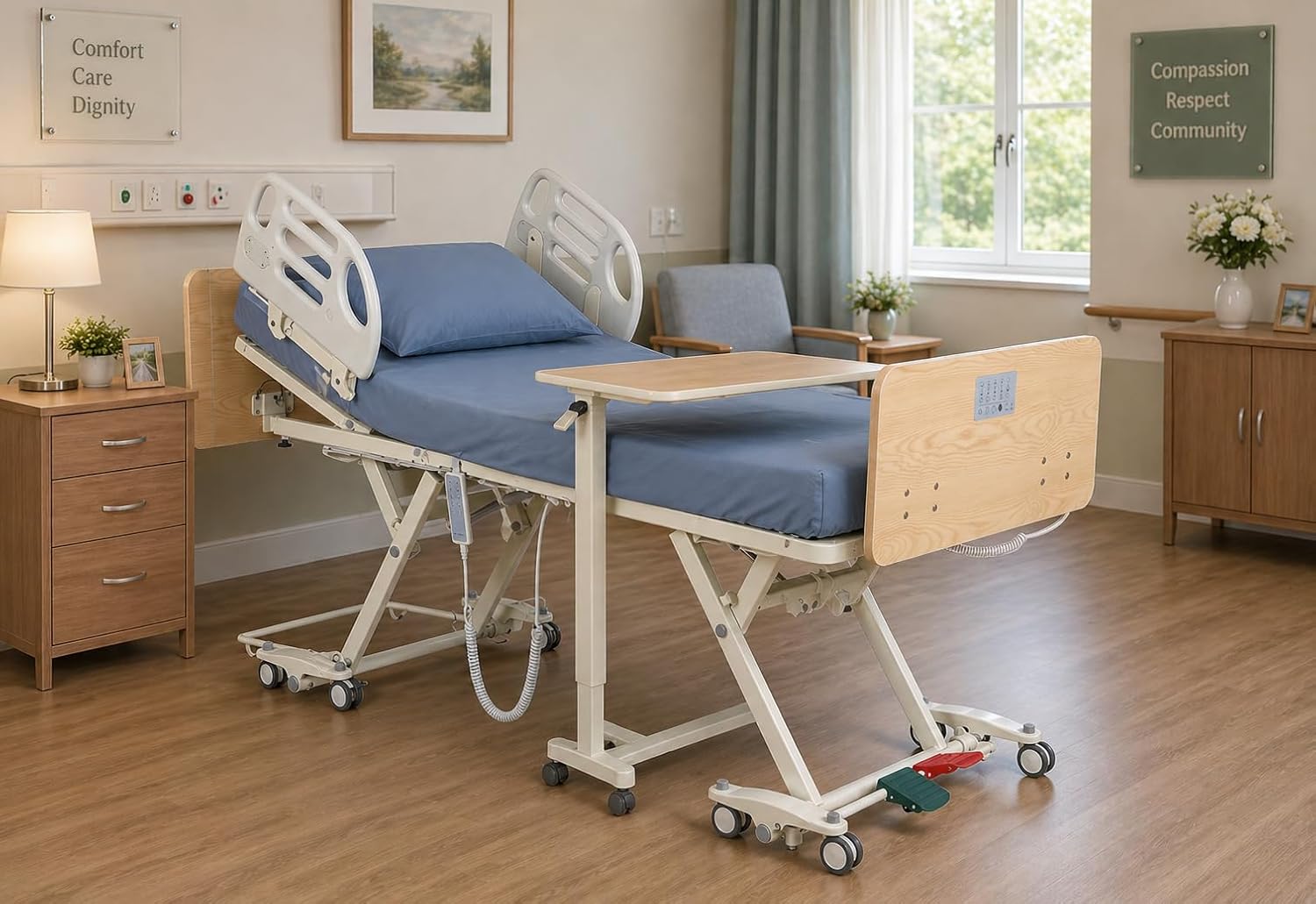B337 Instant Wide LTC Low Term Care Bed w/ 36x80 Mattress and Composite Swing Down Rails