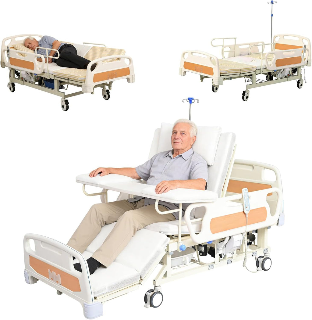 Electric Hospital Bed for Home Use with Auto Side Tilt, Adjustable Medical Bed with Remote Control, Pressure Relief Mattress, IV Pole, Lockable Wheels, 550 lbs Capacity for Elderly Patient Care