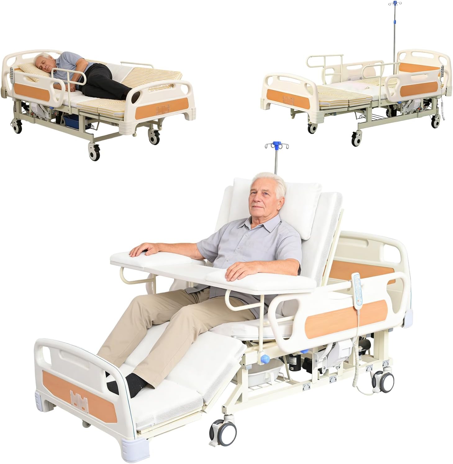 Electric Hospital Bed for Home Use with Auto Side Tilt, Adjustable Medical Bed with Remote Control, Pressure Relief Mattress, IV Pole, Lockable Wheels, 550 lbs Capacity for Elderly Patient Care