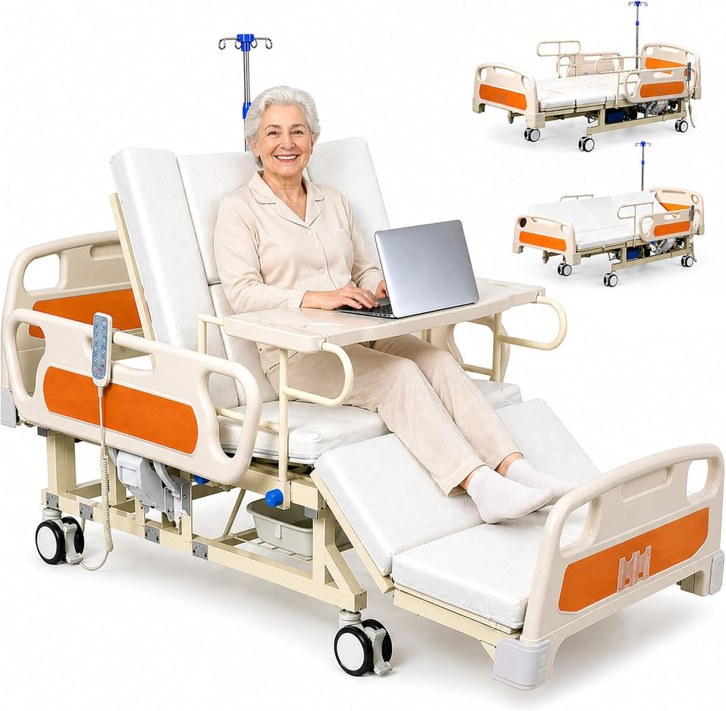 Upgrade 5 Function Full Electric Hospital Bed, Medical Bed with Lateral Tilting for Home Use, Adjustable Hospital Bed with Mattress, Locking Casters, IV Pole
