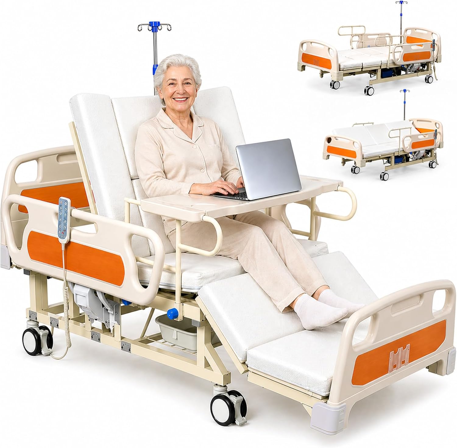 Upgrade 5 Function Full Electric Hospital Bed, Medical Bed with Lateral Tilting for Home Use, Adjustable Hospital Bed with Mattress, Locking Casters, IV Pole