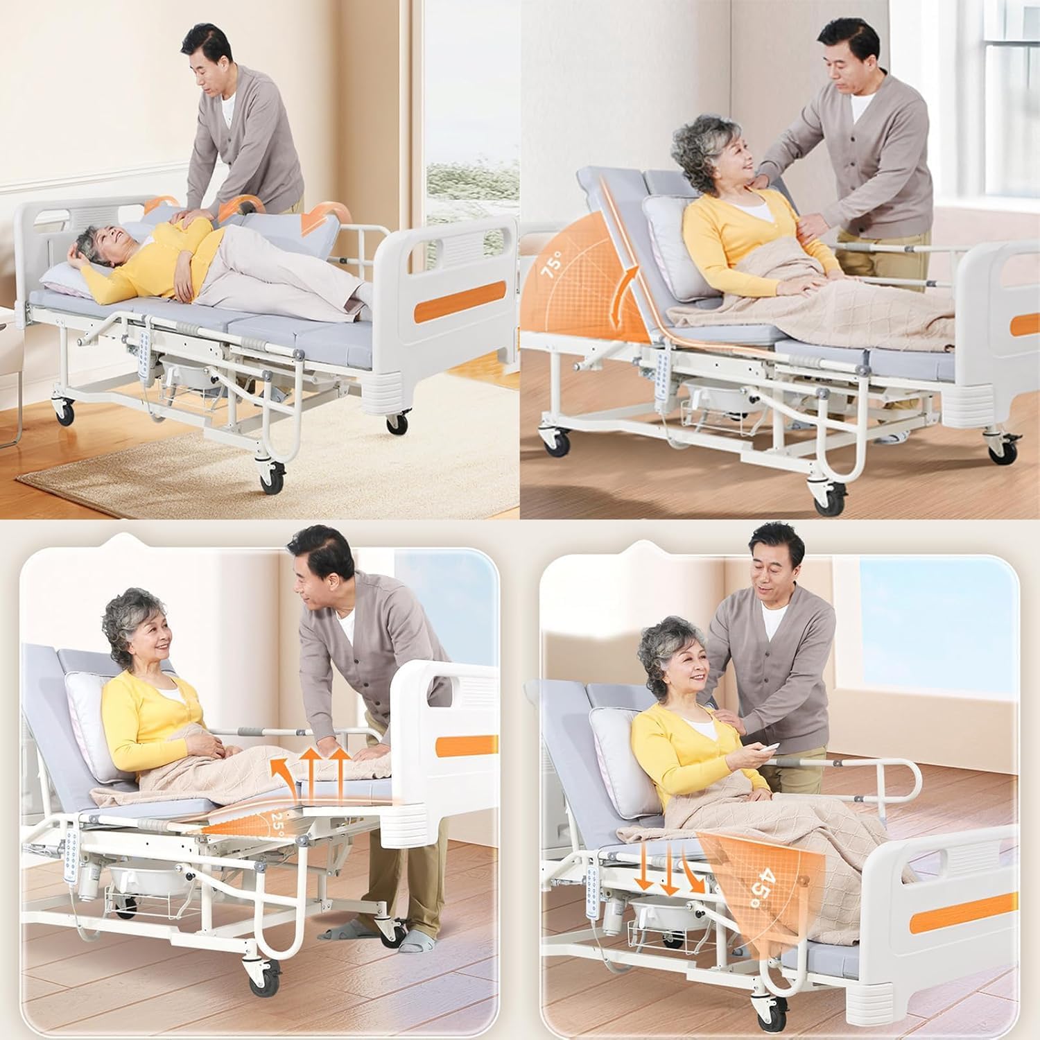 Premium 5 Function Full Electric Hospital Bed with Lateral Tilting for Home Use, Hospital ICU Bed with Fully Adjustable, Remote Control, Quiet Wheels, IV Pole
